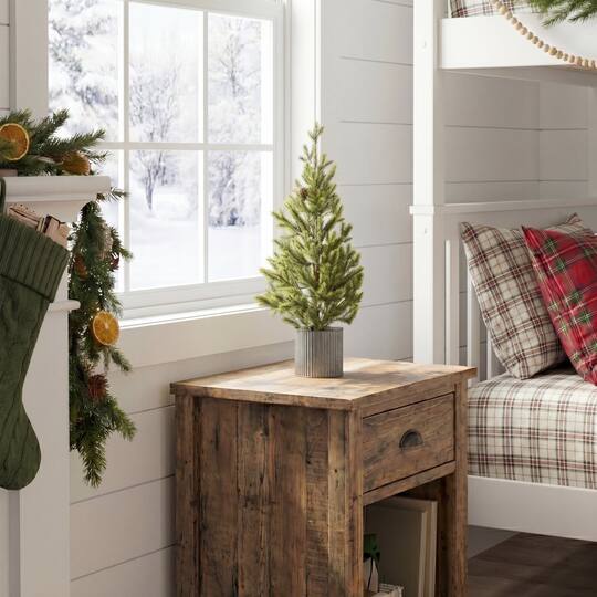 Nearly Natural 18" Unlit Artificial Christmas Tree with Pinecones in Metal Tin Planter